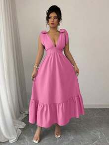 Elegante vestido sin mangas con escote en V y lazo en la cintura, vestido de verano azul para vacaciones de damas - Rosa Fucsia - Ver 5
