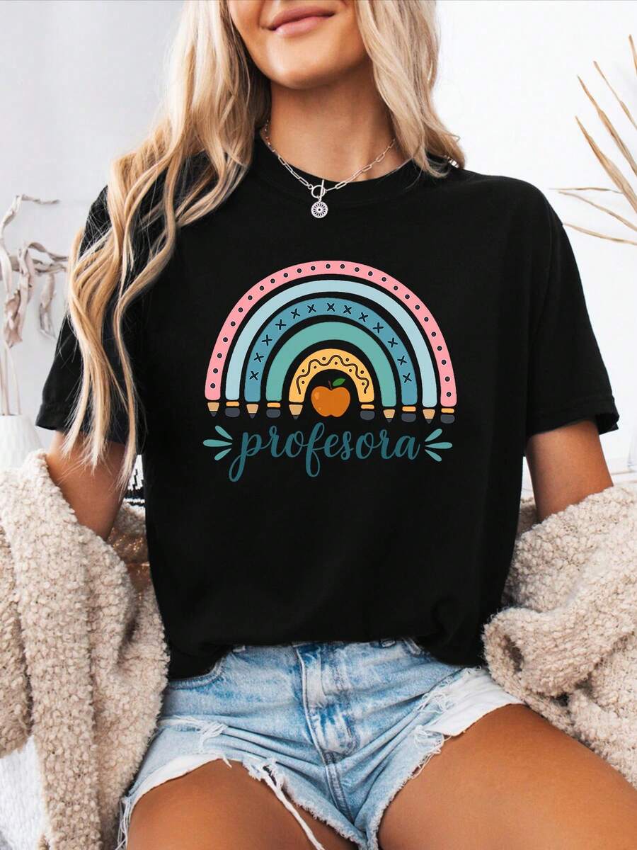 Spring-Summer Casual T-Shirt With Spanish Letter Print, Short-Sleeved Sports T-Shirt With Round Neck, Women's Top, A Very Distinctive Printed T-Shirt / Unisex Style / Suitable For Both Men And Women / Wrinkle Resistant / Breathable. - 黑色 - 查看 1