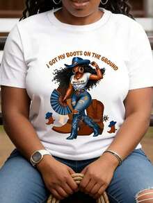 1 Piece Women's Vintage Graphic Cowboy Style T-Shirt - Cowgirl Boot Design With Boots On The Floor Slogan, Regular Fit Casual T-Shirt, Soft & Breathable For Celebrations & Casual Outfits, Retro, 180g, 100% Cotton. - 白色 - 查看 4