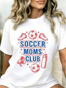 1 Soccer Moms Club Women's T-Shirt, Gift For Soccer Moms With Soccer Boot Design, Megaphone And Water Bottle, Casual Summer Top, 180g, 100% Cotton. - 白色 - 查看 1