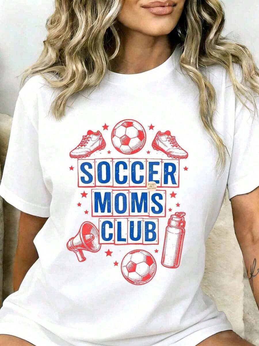 1 Soccer Moms Club Women's T-Shirt, Gift For Soccer Moms With Soccer Boot Design, Megaphone And Water Bottle, Casual Summer Top, 180g, 100% Cotton. - 白色 - 查看 1