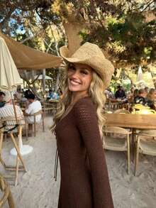 Women's Hollow Out Short Knitted Cardigan Dress, V-Neck Tie Waist Knit Dress With Flare Sleeves, Suitable For Spring/Summer Beach Vacation Style - Coffee Brown - View 4