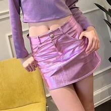 Minifaldas reflectantes de charol brillante para mujer, ropa Y2K corta de cintura alta, línea A, color rosa y plateado, verano y otoño - Rosa Roja - Ver 3