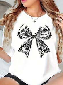 Women's White T-Shirt With Large Bow Print, Metallic Silver Effect, Short Sleeve Round Neck T-Shirt, Coquette And Modern Style, Summer Fashion 2026 - 白色的 - 查看 6