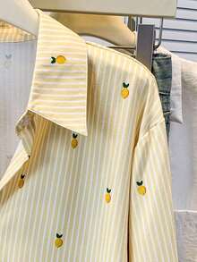 Blusa de mujer con cuello polo, estampado de corazones y rayas - Camisa casual de manga larga con botones, adecuada para uso diario en primavera, verano y otoño - limón amarillo - Ver 5