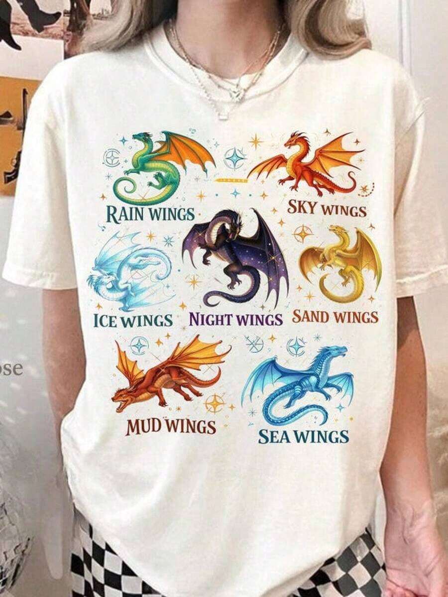 Unique Piece, Fire Dragon Wings, Fantasy Dragon Art, Literary Dragon Design, Fire Dragon Illustration, Printable Clipart, Vibrant Colors, Multiple Color Options, Women's Casual Summer T-Shirt, Vacation Style, Book-Themed T-Shirt, Fun Prints, Music Festival, Easter, Teacher's Day - 多色 1 - 查看 1