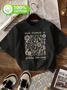Limited EditionPlus Size, Wild Flowers, Growing Plus-size Women's Printed Casual Round-neck Short-sleeved TopLightweight Cotton - Blanco - Ver 7