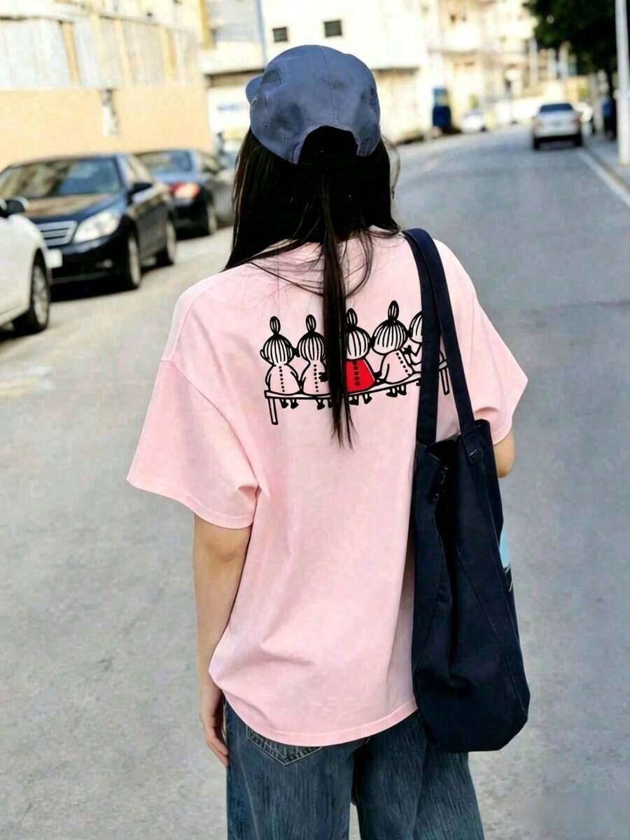 Women's Casual Cotton T-Shirt, Short Sleeve And Round Neck, With A Cute Print On The Back, Perfect For Everyday Wear, Regular Length, With Moderately Elastic Fabric, Cute And Casual Style. - ピンク - 查看 1