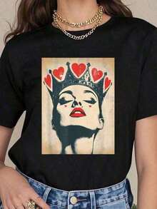 Local Shipping - Women's Casual And Elegant Pure Cotton T-Shirt "Queen Of Hearts" 100% Cotton Summer T-Shirt For Women - 黑色 - 查看 6