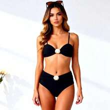 Nuevo traje de baño para mujer, bikini sexy de color sólido sin tirantes, ropa de baño para vacaciones en la playa. - marrón café - Ver 7