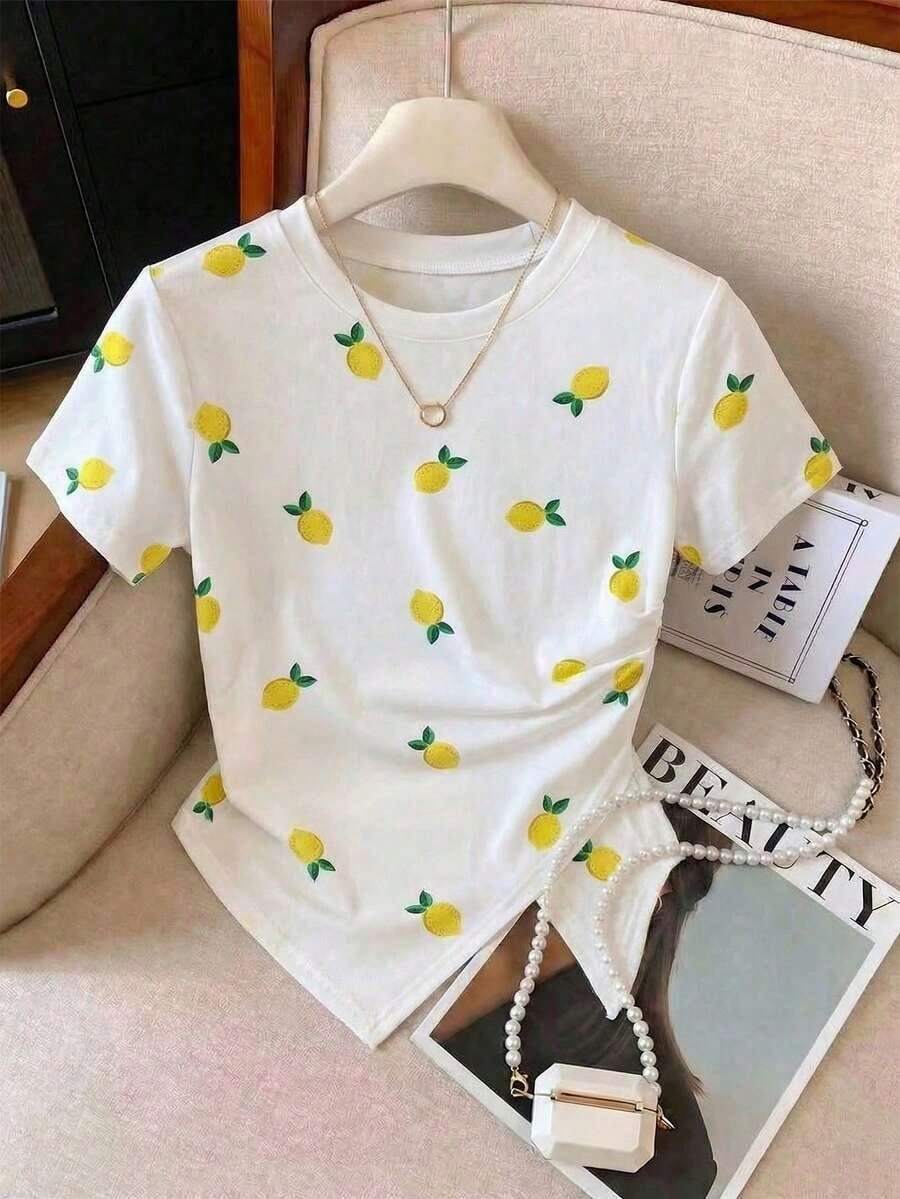 de manga corta con pliegues y bajo asimétrico de unicolor casual para mujer, verano - Multicolor 7 - Ver 1