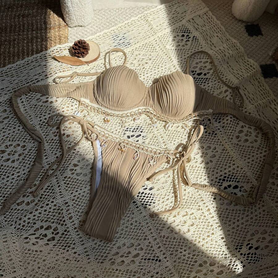 Nuevo bikini sexy de dos piezas con copa dura y diseño de pétalos en color sólido. - Camel - Ver 1