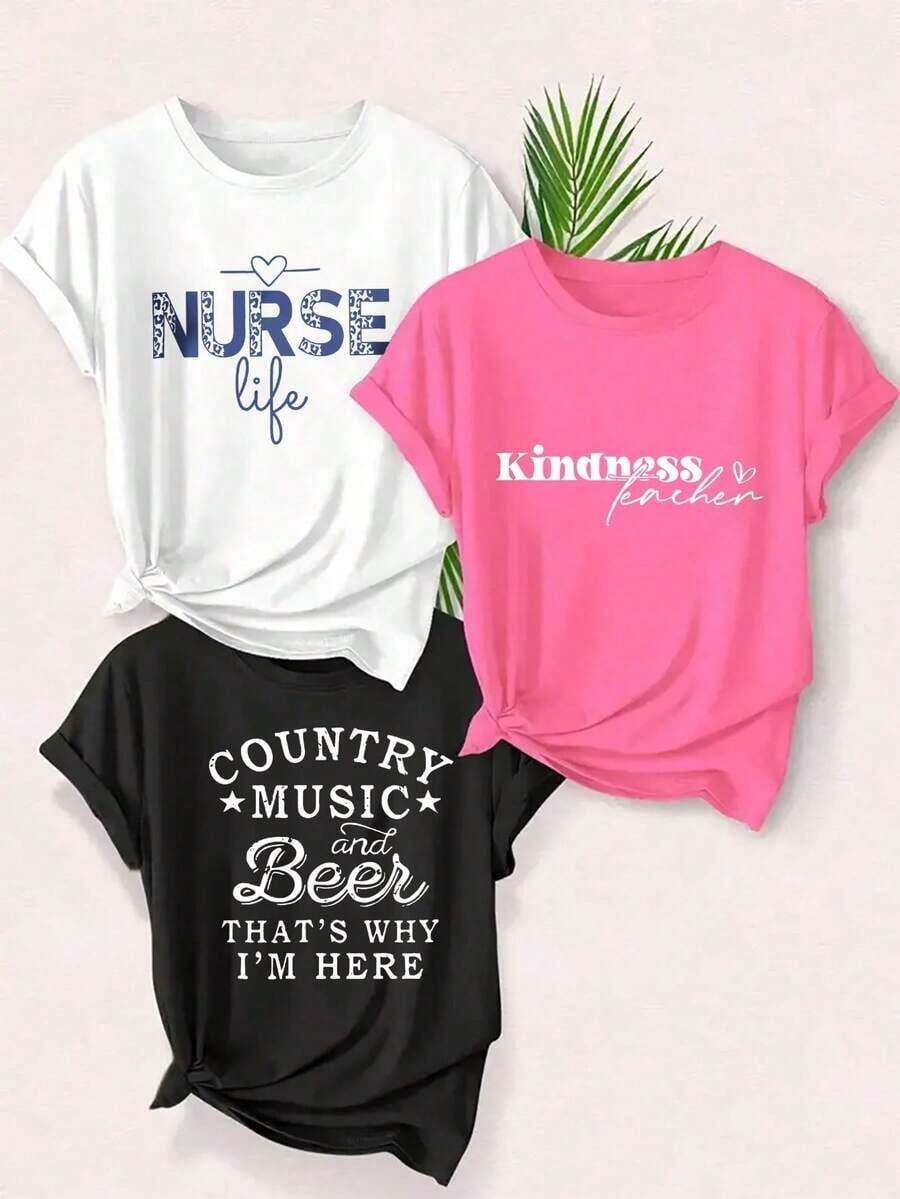 Fashion Item: Women's Casual Short-Sleeved T-Shirt With Prints Of Nurse, Kind Teacher, Country Music And Beer, Round Neck Design, Made Of Pure Cotton, Breathable, Casual Sporty Style, An Ideal Gift For Women. - 白色 - 查看 1