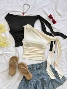 para mujeres que salen a la playa en verano, vacaciones, parte superior de mujer de color amarillo claro con hombros asimétricos, tirantes de lazo, fluida y ajustada, adecuada para fiestas, vacaciones, festivales de música, estilo bohemi - Multicolor 4 - Ver 7