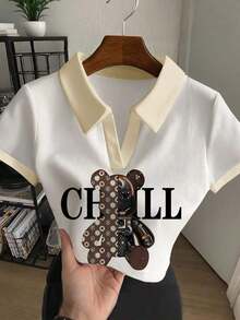 Blusa casual de mujer con cuello polo a rayas y manga corta - Blanco 5 - Ver 1