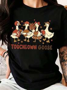 Touchdown Goose Football Duck Family Costume T-Shirt For Halloween, Thanksgiving Party Outfit For Women, Men And Kids, Funny And Cute Animal Print T-Shirt - 黑色 - 查看 1
