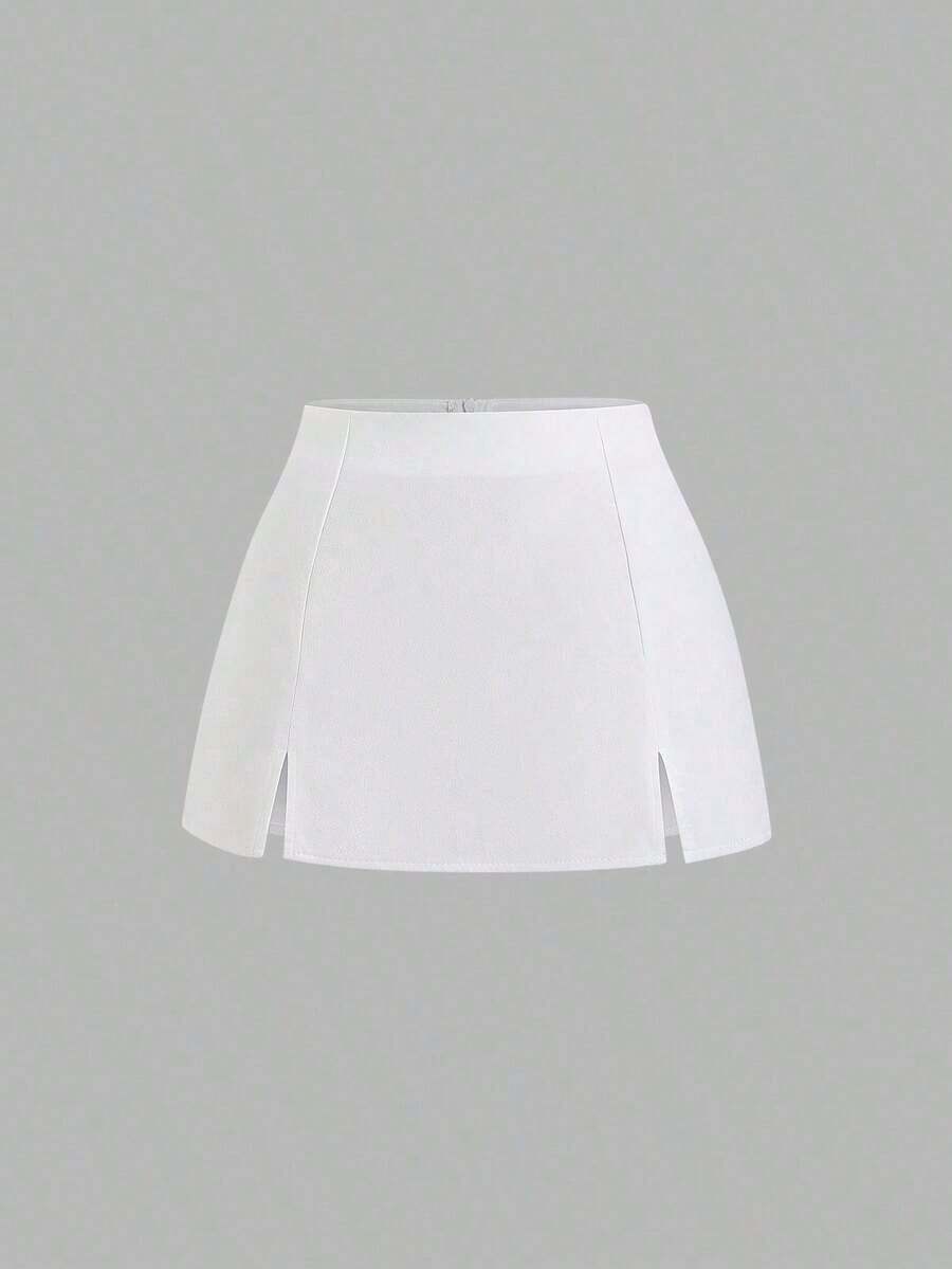 Falda mini casual de fiesta con abertura y corte en A de ante color Maillard para mujer, para otoño/invierno - Blanco - Ver 1