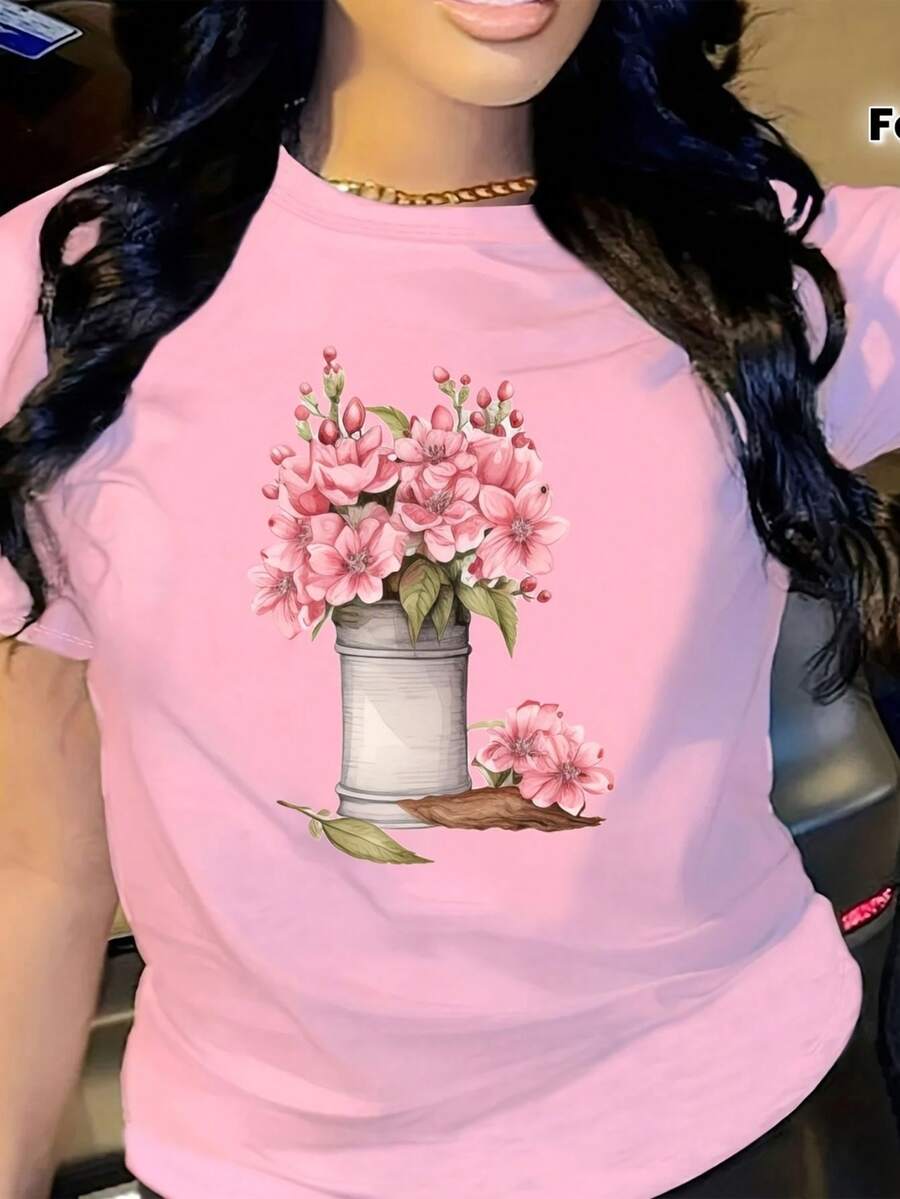 4 Pieces Of Pink Flower Jar Painting Decals - Heat Transfer Iron On, Heat Adhesive Suitable For Canvas Bags, T-Shirts, Jeans, Decorative Cushions, Backpacks, Sweatshirts DTF. - 粉色 - 查看 1