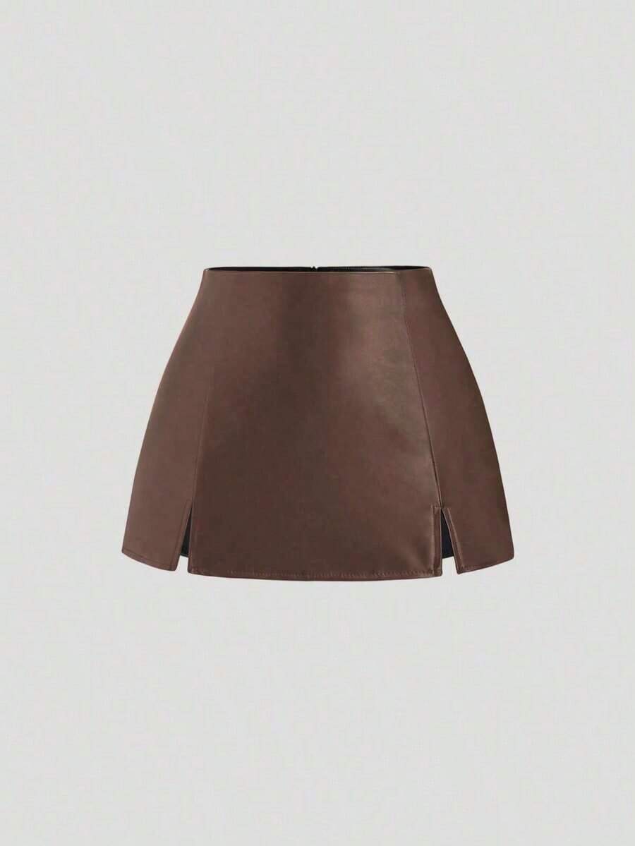 Falda mini casual de fiesta con abertura y corte en A de ante color Maillard para mujer, para otoño/invierno - Marrón 2 - Ver 1