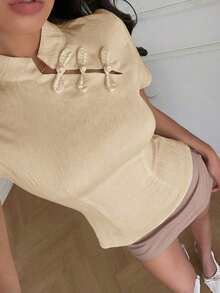 Blusa de cuello Mao de manga corta con cintura ceñida, estilo chino nuevo en color albaricoque, nuevo diseño de primavera/verano para mujer - Caqui - Ver 2