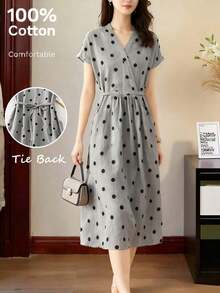Vestido casual elegante y vintage con estampado de lunares, con bolsillos y lazo en la espalda, silueta minimalista pero refinada de corte evasé con cintura anudada, vestido versátil para oficina/ocasión, conjunto bohemio de lunares para vacaciones, primavera/verano rojo - Gris Claro - Ver 7