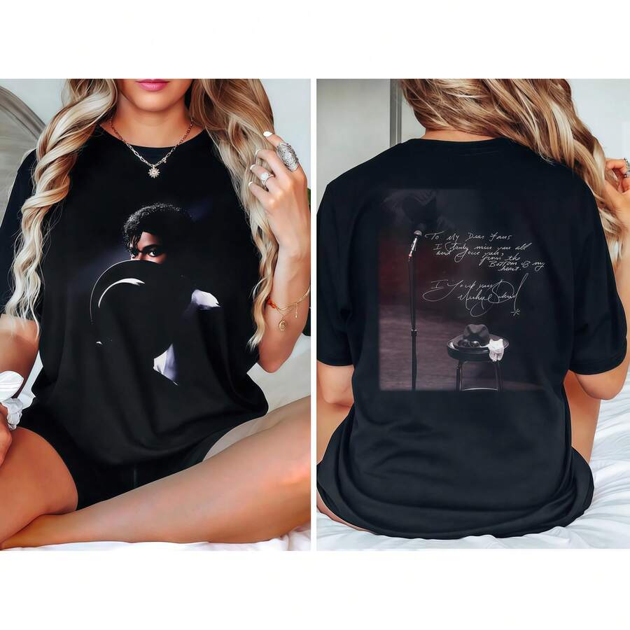Unisex Retro T-Shirt, Double-Sided Print With Handwritten Letter To Fans And Iconic Scene Elements, Pop Streetwear Style - Black - View 1