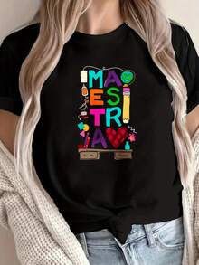 Camiseta Con Estampado Gráfico, Top Casual De Manga Corta Y Cuello Redondo Para Primavera Y Verano, Ropa De Mujer, amantes de la moda, armario de verano, estampado juguetón, material transpirable, camiseta estampada, Camiseta de San Valentín para hombre y - Negro - Ver 6