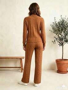 1pc Casual Blouse And Pants Set, Daily Winter Modal Knit, Classic Cable Knit - Màu Khaki - Xem 4