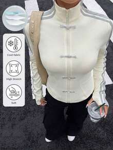 Chaqueta de manga larga de punto ajustada con protección solar para mujer en otoño/invierno, color albaricoque - Albaricoque - Ver 1