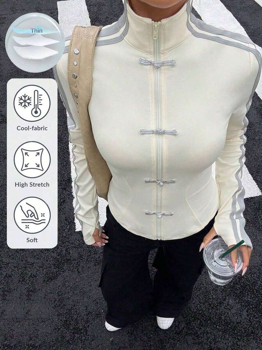 Chaqueta de manga larga de punto ajustada con protección solar para mujer en otoño/invierno, color albaricoque - Albaricoque - Ver 1