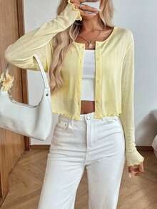 Chaqueta delgada de mujer con botones frontales y dobladillo de lechuga de unicolor minimalista - Amarillo - Ver 1
