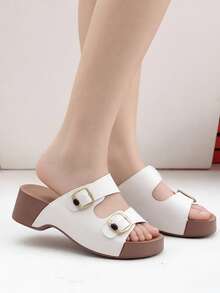 Women's Platform Wedge Sandals, Open Toe Strap Slides, Fashionable Versatile Beach Slippers For Summer - White - View 2