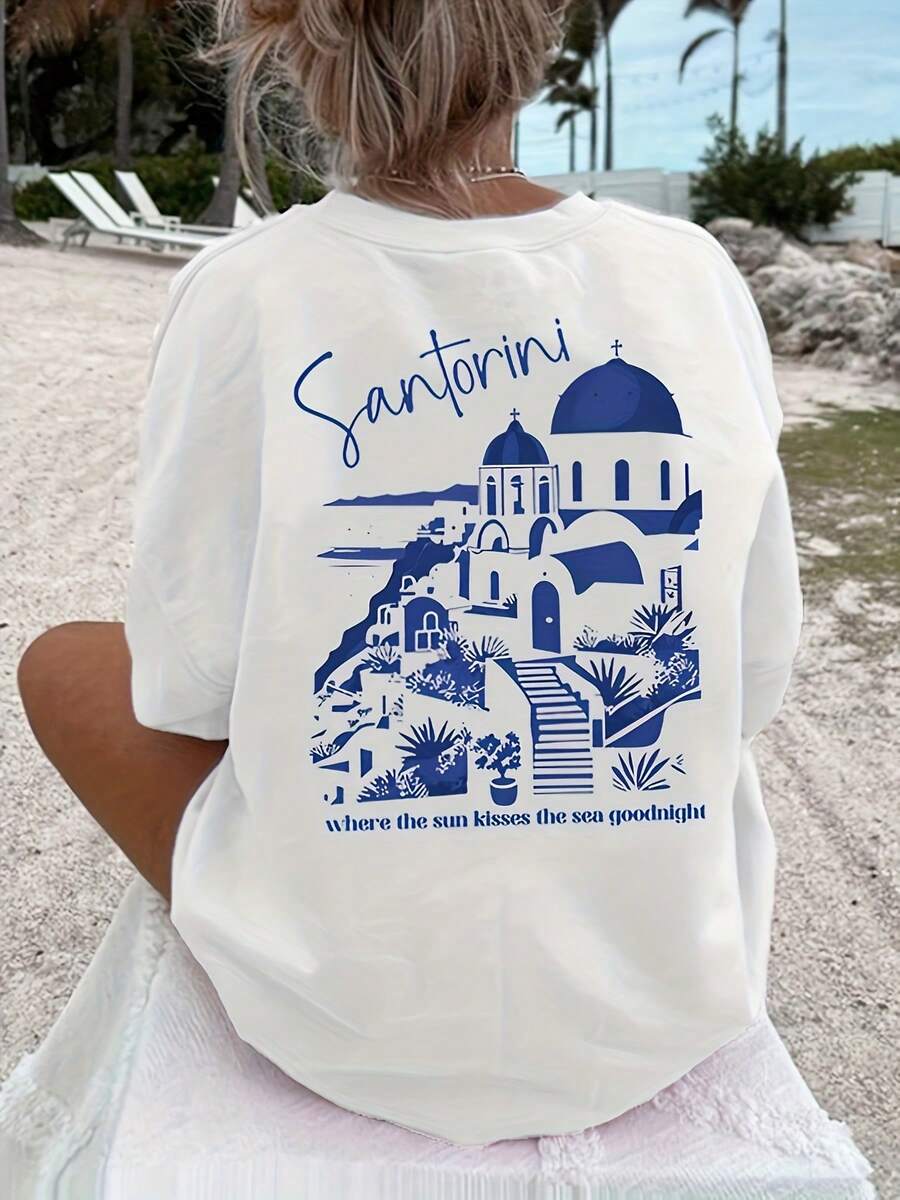 Damtoppar 2026: T-shirt med grafiskt tryck, kortärmad rundhalsad topp för sommar och vår, Damkläder, Sommarkläder - Vitt - Visa 1