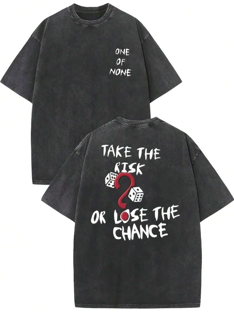 1 Piece, 220g T-Shirt, Washable On Both Sides, With "Adventure Or Miss The Opportunity" Print, High-Quality Batik Cotton Vintage Fashion Brand T-Shirt, Suitable Thickness For Summer, Holiday Gift T-Shirts For Men And Women - 黑色 - 查看 1