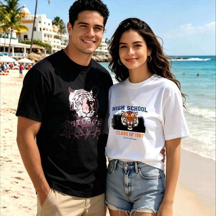 2-Piece Couple Matching Pattern T-Shirt, 100% Cotton, Loose Fit, Soft And Breathable, Casual Round Neck Short Sleeved Top Dog And Cat With Text Pattern Versatile Patterns No Picky Combinations Coordinated Dating Casual Travel Simple And Cartoonish Printing Styles High Cost-Effectiveness Couple - 黑色 - 查看 1