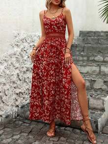 Vestido de verano ligero con estampado, tirantes de espagueti, parche en la cintura, encaje calado y abertura lateral elegante para fiesta y vacaciones - Multicolor - Ver 3