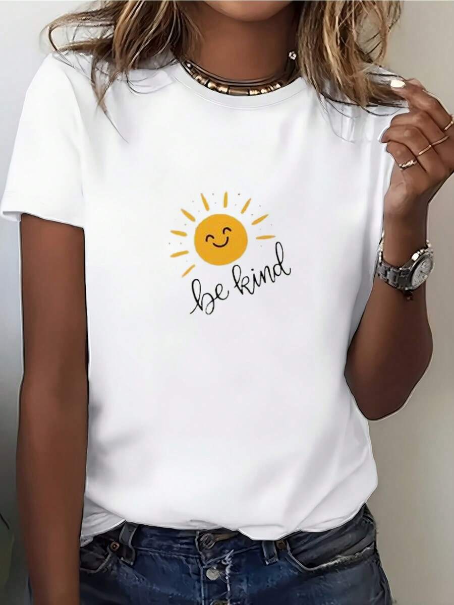 Blusa Casual para Mujer, Estilo Simple para Uso Diario, 180g, Camiseta de Mujer con Estampado de Sol "Be Kind" -- El regalo perfecto para amigos y familiares, una excelente opción para ropa casual en festivales de música de verano y eventos de team building de la empresa. Camiseta de manga corta cómoda, suave y sencilla para uso diario. - Blanco - Ver 1