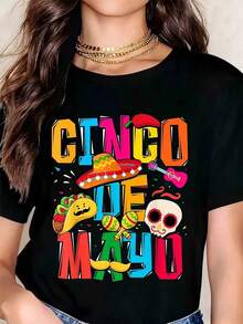 Camiseta de Mujer con Diseño Gráfico Coreano, Diseño Colorido de Fiesta del Cinco de Mayo, Casual, Cuello Redondo, Manga Corta, Perfecta como Regalo de Cumpleaños, Adecuada para Usar en Todas las Temporadas, para Uso Diario al Aire Libre, Top de Verano - Negro - Ver 6