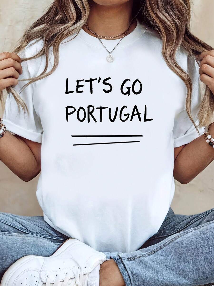 Women's T-Shirt, Portugal "LET'S GO PORTUGAL" Travel Slogan Print, White Short-Sleeve Round-Neck Printed T-Shirt - Machine Washable, Suitable For Spring, Summer, And Autumn, Casual Style, Comfortable Fit, Fashionable Design, Versatile For Daily Wear, Soft Fabric,  Style - màu đen - Xem 1