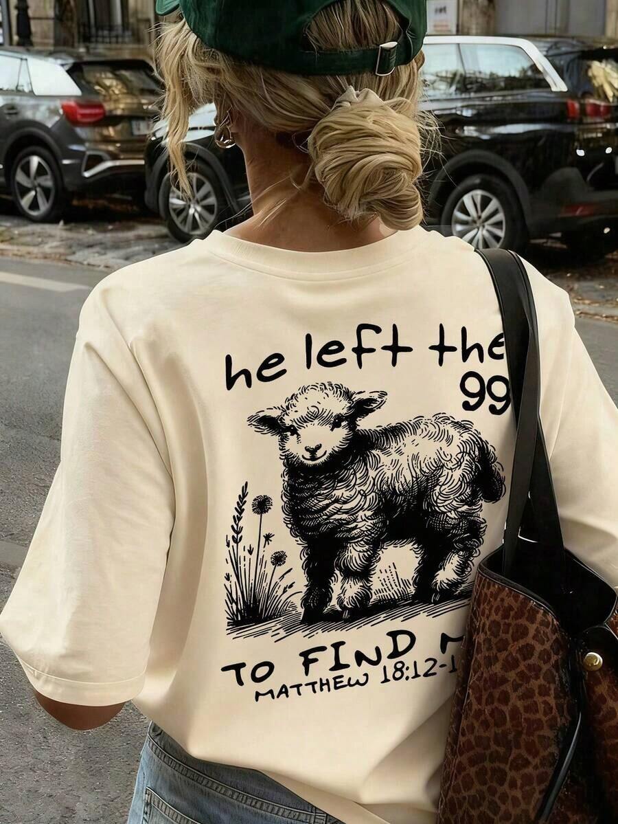 Camiseta de manga corta de verano para mujer con estampado de letra y oveja, de corte holgado y versátil, de cuello redondo, en color beige, ideal para uso casual y de vacaciones - Albaricoque - Ver 1