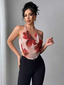 Camiseta ajustada con cuello en V profundo y estampado floral de malla elegante y sexy para mujer, ideal para el verano y las vacaciones - Rojo - Ver 6