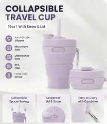 16-Ounce Silicone Foldable Travel Cup, Equipped With A Straw And Sealing Lid, Suitable For Both Hot And Cold Beverages; Foldable And Retractable, Portable And Space-Saving, Ideal For Outdoor Camping And Travel; Microwave- And Dishwasher-,  And Durable - 淡紫色 - 查看 2