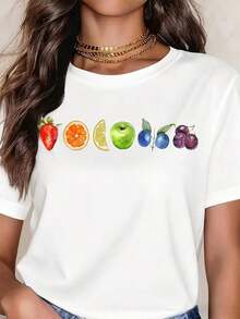 Camiseta Casual de Moda para Mujer, Corte Holgado, Cuello Redondo, Manga Corta, Estampado de Frutas: Fresa, Naranja, Limón, Manzana, Arándano, Ciruela, Camiseta Gráfica para Uso Diario, Ropa de Verano, 100% Algodón, Duradera - Blanco - Ver 7