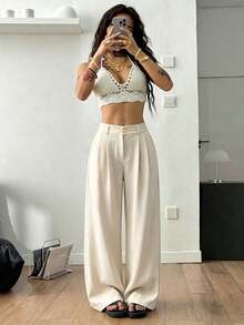 Pantalones largos casuales de poliéster de pierna recta para mujer con detalles de botón y cremallera, ligeramente elásticos para uso diario. - Blanco - Ver 7
