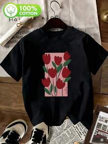 Women's 100% Pure Cotton T-Shirt With A Vintage Red Tulip Design, Short Sleeves, Soft And Comfortable Against The Skin, Breathable, Perfect For Spring And Summer, Suitable For Everyday Wear, Dates, And Commuting - Unisex Vintage-Style Loose-Fitting Cotton Crew Neck Short-Sleeve T-Shirt, Women's Blouses. Casual Blouses For Ladies. - 黑色 - 查看 6