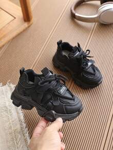 1 Pair Kids' Sports Shoes, Spring New Black Leather Casual Sneakers For Boys - Black - View 4