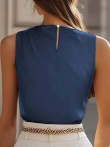 Blusa formal elegante de mujer sin mangas con hombros descubiertos y ajustada, con volante asimétrico, color champán, adecuada para uso diario, primavera/verano - Azul - Ver 5