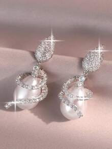 1 Pasang Anting Gantung Fantasi Glamor Bentuk Tetesan Air & Mutiara Imitasi, Anting Zirkonia Kubik Mewah untuk Pesta Pernikahan, Hadiah, Pesta, Ulang Tahun, Liburan - Putih - View 8