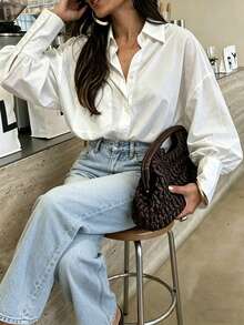 Áo sơ mi nữ mùa hè thời trang, dáng rộng, nhẹ, thoáng khí, màu trơn, cài cúc phía trước, thiết kế cúc phía trước, đa năng, thanh lịch, phù hợp cho công sở, kỳ nghỉ, ở nhà và các dịp hàng ngày khác, mùa xuân/hè, vải dệt, 100% polyester. - trắng - Xem 1