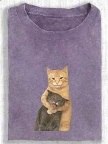 Camiseta de manga corta con estampado de gato interesante, top de diseño exclusivo y lindo, camiseta para mujer de talla grande, camiseta de algodón lavado, ropa casual de talla grande para mujer, tela con estampado de copos de nieve, top casual de cuello redondo cómodo de talla grande, camiseta vintage desgastada, ropa de mujer de talla grande, ropa de primavera/verano - Negro - Ver 7